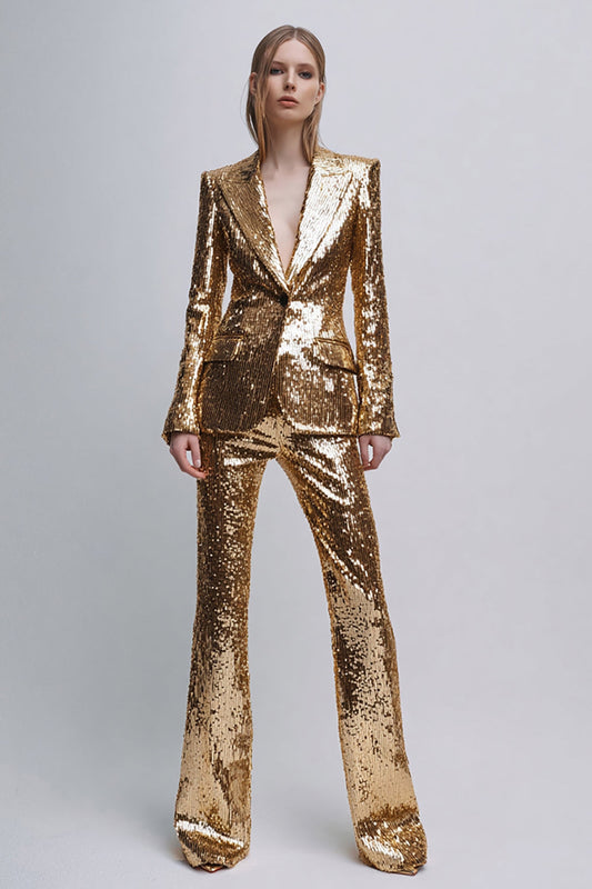 2 Piece Sparkly Gold Peak Lapel Women's Prom Suits With Sleeves