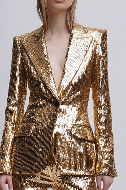 2 Piece Sparkly Gold Peak Lapel Women's Prom Suits With Sleeves