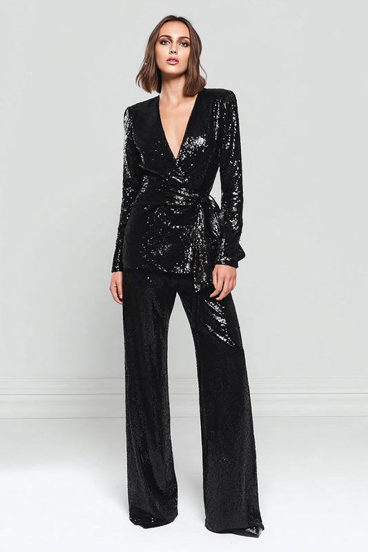 Sparkly 2-Piece Black Women's Prom Suit with Sash
