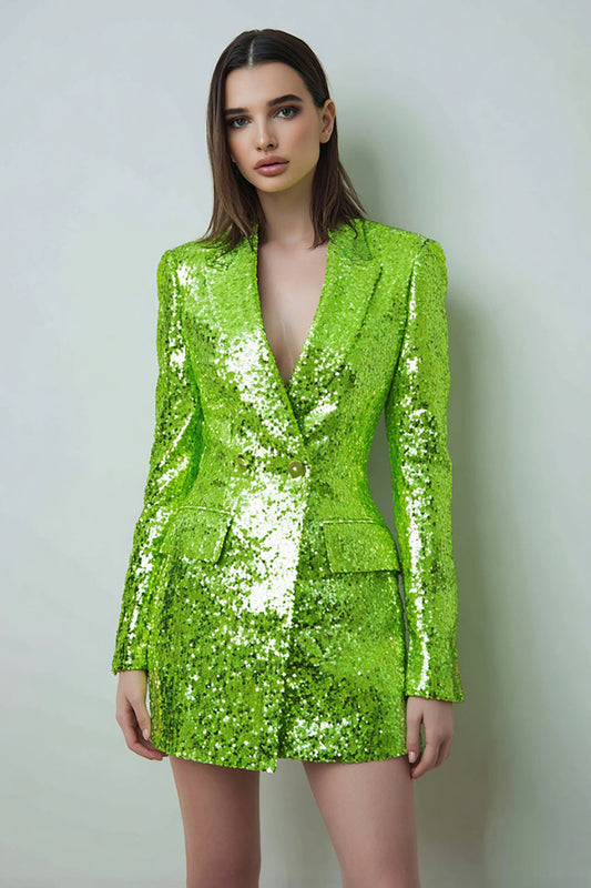 Sparkly Fluorescent Green Peak Lapel Bodycon Women's Blazer