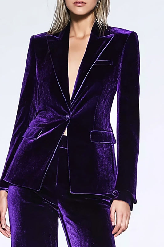 Dark Purple Velvet Peak Lapel 2 Piece Business Suits With Pockets