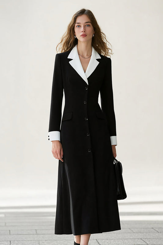 Black and White A-Line Notched Lapel Long Blazer Dress with Sleeves