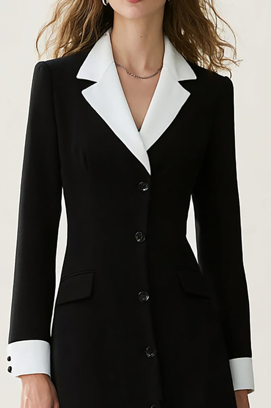 Black and White A-Line Notched Lapel Long Blazer Dress with Sleeves