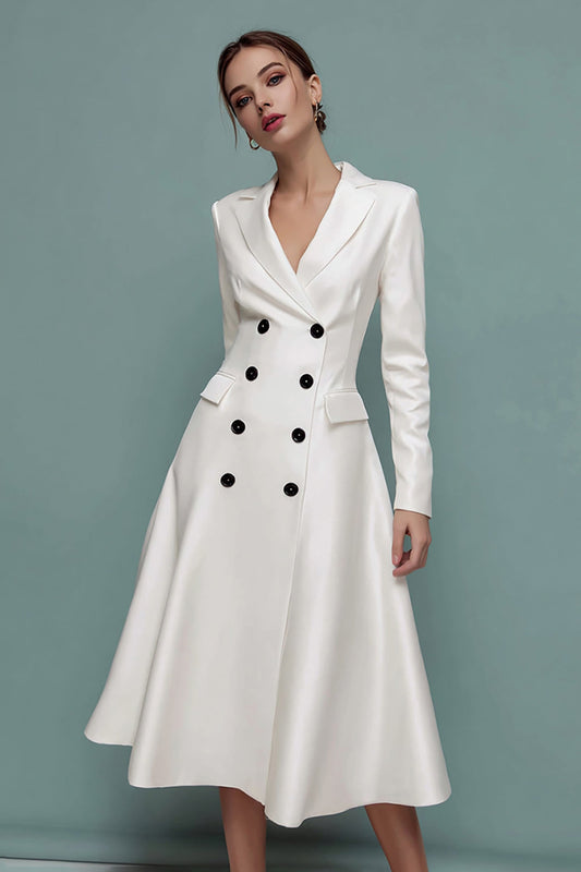 Ivory A-Line Notched Lapel Midi Blazer Dress With Sleeves