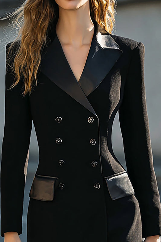 Pencil Black Double-Breasted Midi Blazer Dress With Sleeves