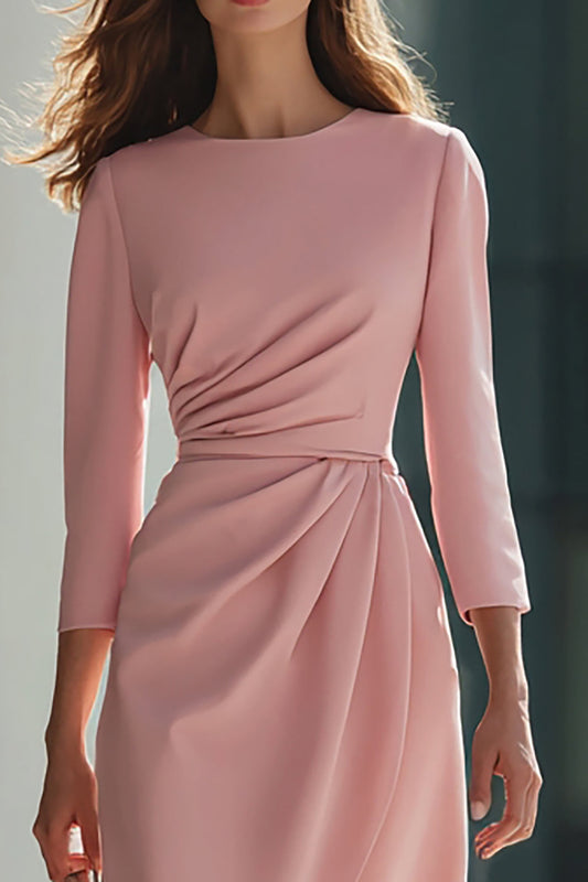 Pink Sheath Ruched 3/4 Sleeve Midi Work Dress