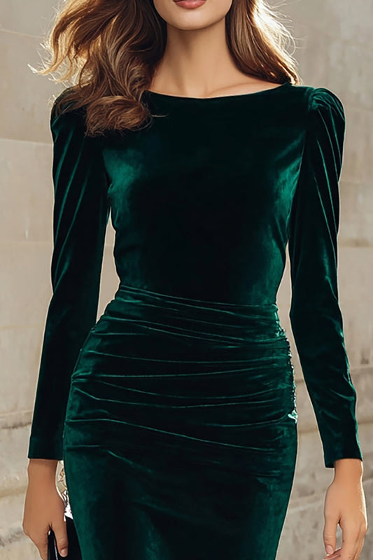 Robe de travail mi-longue fourreau vert foncé en velours à manches longues