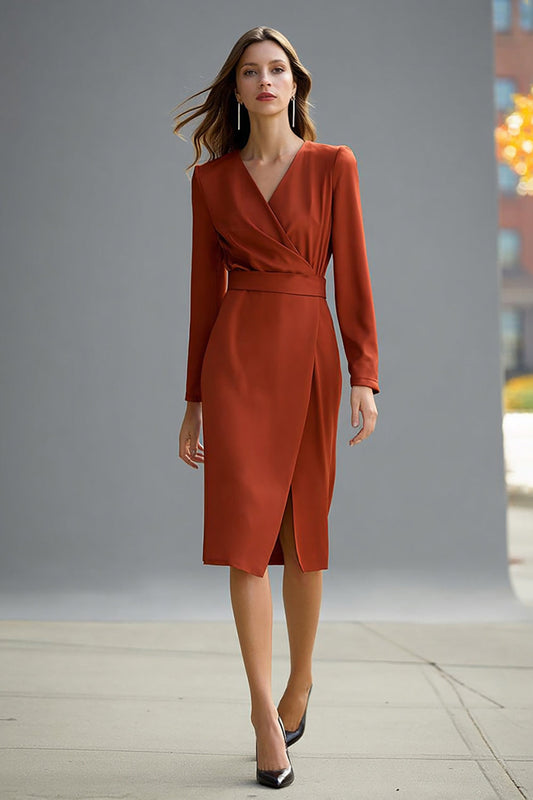 Red V-Neck Sheath Long-Sleeve Midi Work Dress