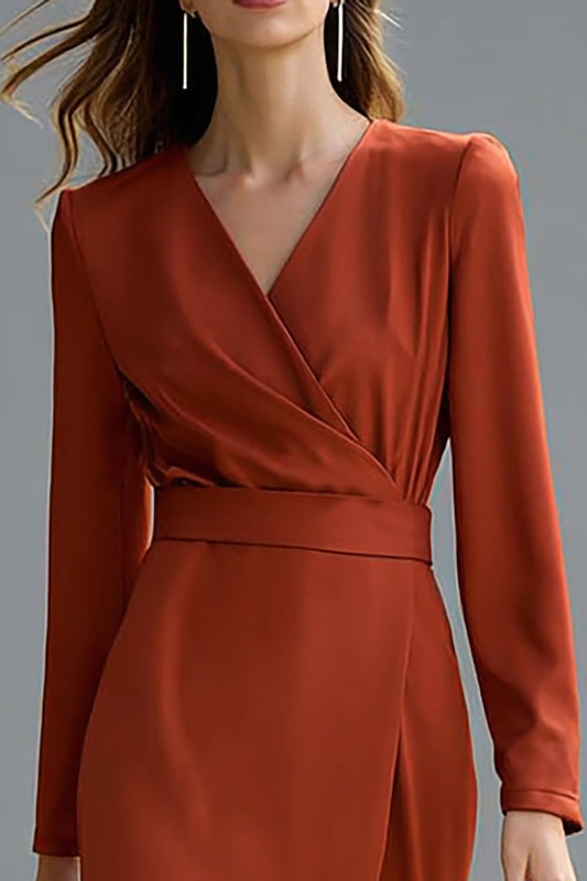 Red V-Neck Sheath Long-Sleeve Midi Work Dress