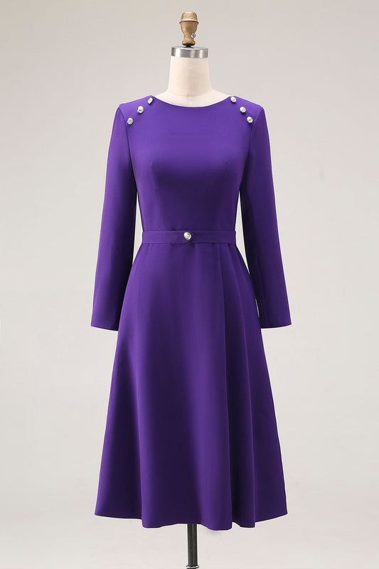 Purple A-Line Boat Neck Long Sleeve Work Dress