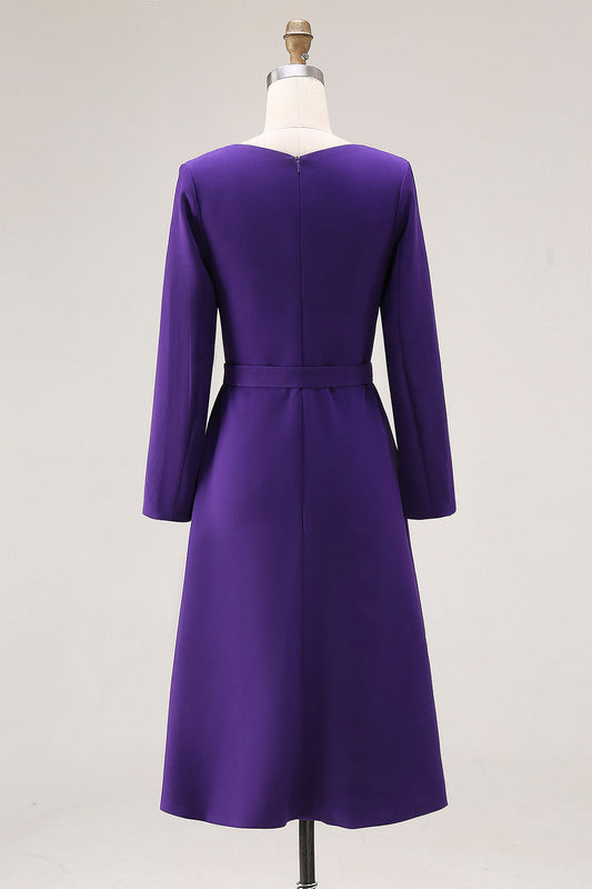 Purple A-Line Boat Neck Long Sleeve Work Dress