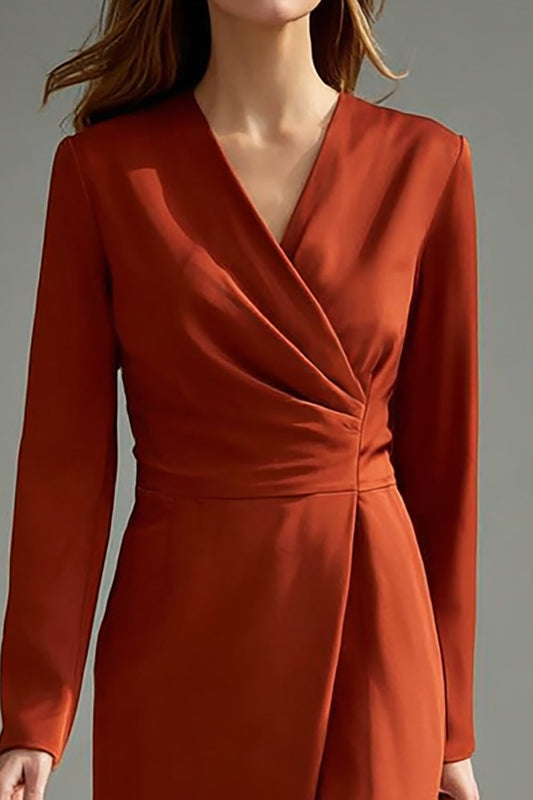 Red V-Neck Ruched Long-Sleeve Sheath Work Dress