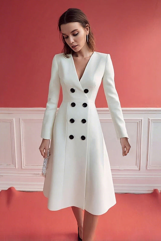 Robe de travail ivoire croisée à col en V et manches longues