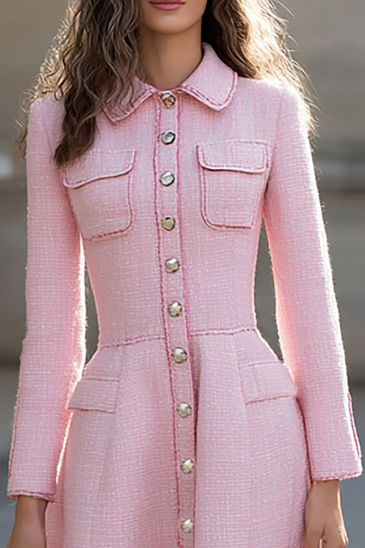 Pink Single-breasted A-line Long Sleeve Work Dress
