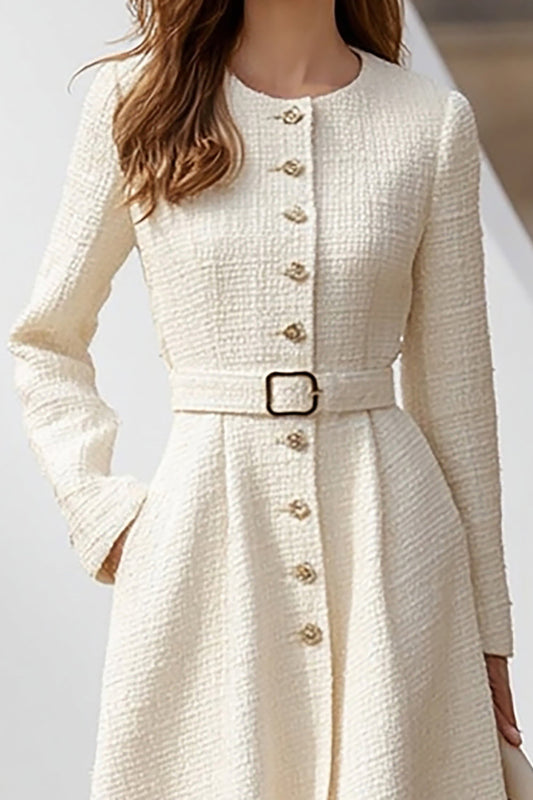 Ivory A-Line Single-Breasted Work Dress With Belt