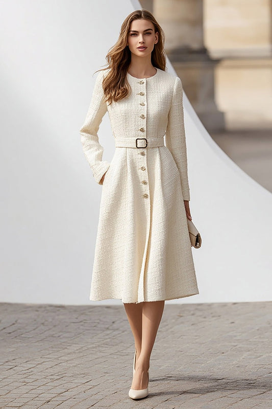 Ivory A-Line Single-Breasted Work Dress With Belt