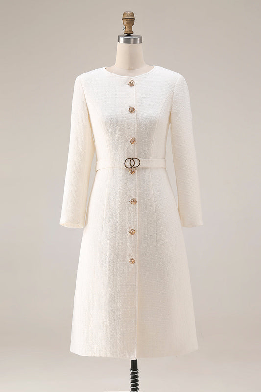 Vestido midi de trabajo de tweed marfil con cinturón, de manga larga y estilo vaina