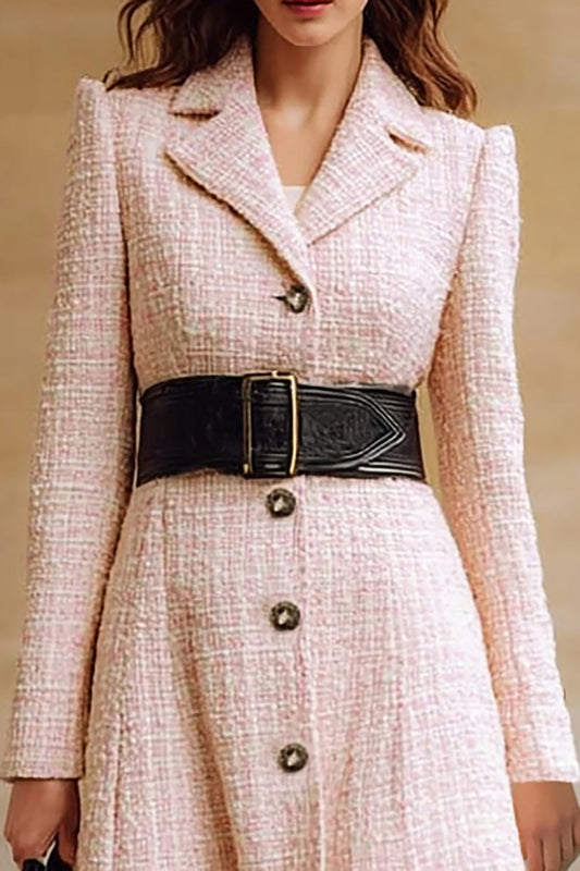 Pink A-Line Notched Lapel Single-Breasted Work Dress