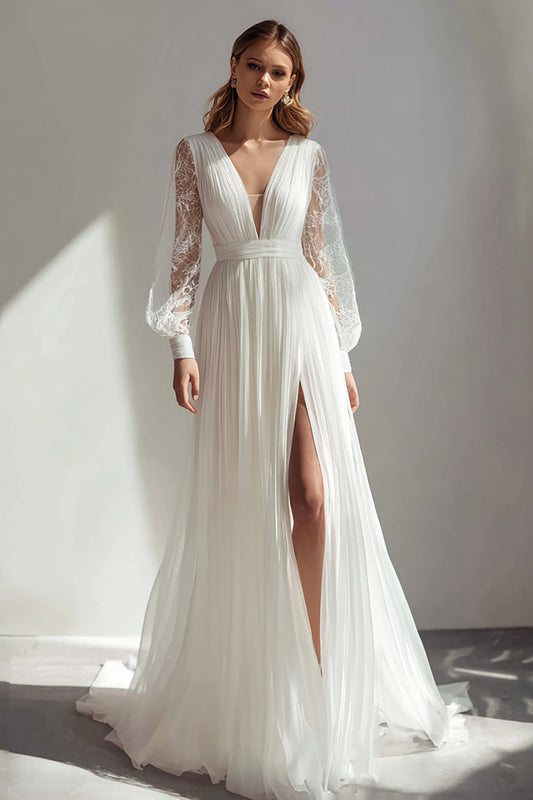 Robe de mariée ivoire à encolure en V, ligne A, manches longues et fente