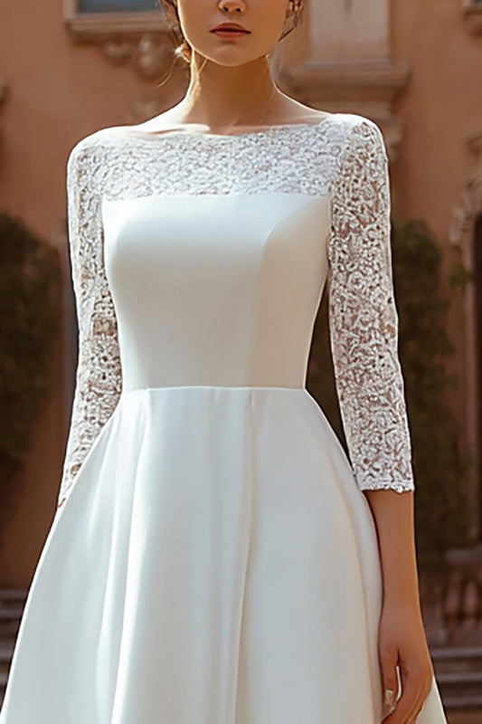 Ivory Bateau Neck A Line Lace Wedding Dress