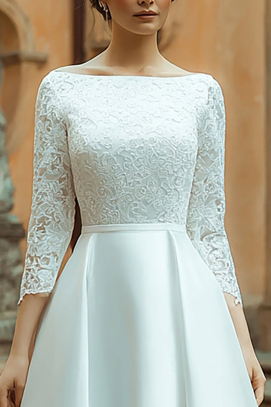 Bateau Neck Ivory A Line Satin Wedding Dress