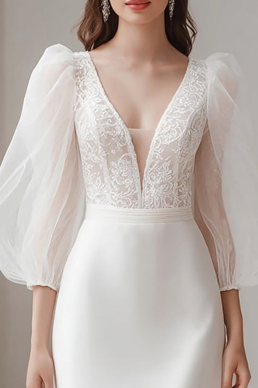 Ivory Sheath V Neck Satin Engagement Dress