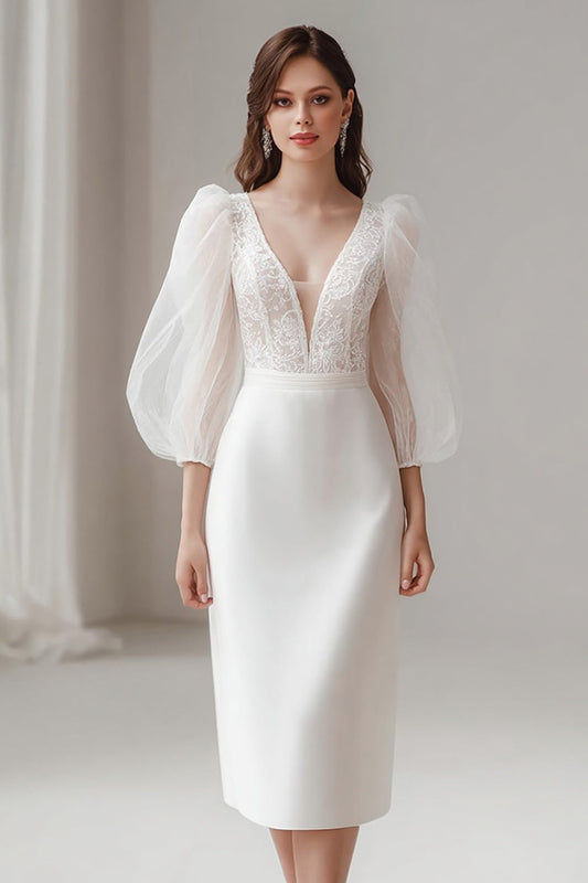 Ivory Sheath V Neck Satin Engagement Dress