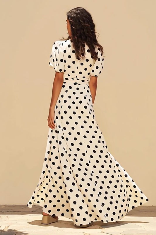 Robe longue de soirée à manches avec pois noirs et blancs