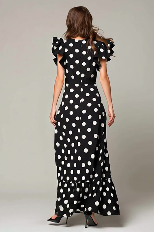 Robe longue de soirée évasée à pois noirs et blancs avec volants
