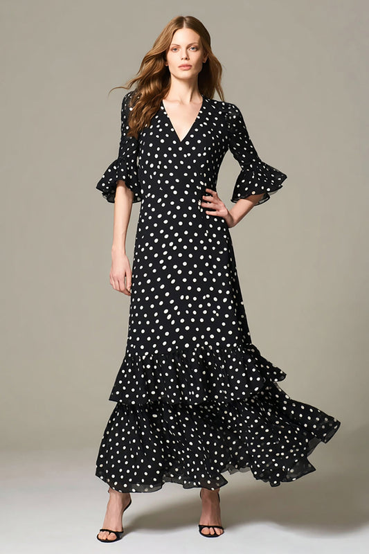 Robe de soirée longue trapèze à volants à pois noirs et blancs avec manches