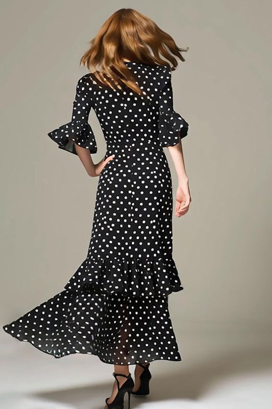 Robe de soirée longue trapèze à volants à pois noirs et blancs avec manches