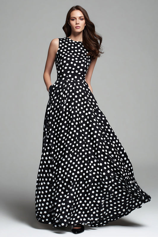 Robe longue formelle noire et blanche à pois, col rond, coupe trapèze, avec poches