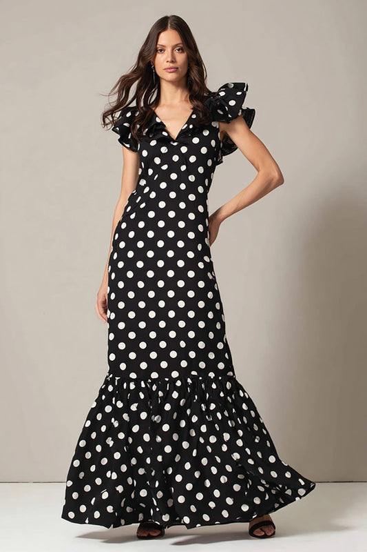 Robe longue de soirée noire et blanche à pois, coupe trapèze, col en V et volants