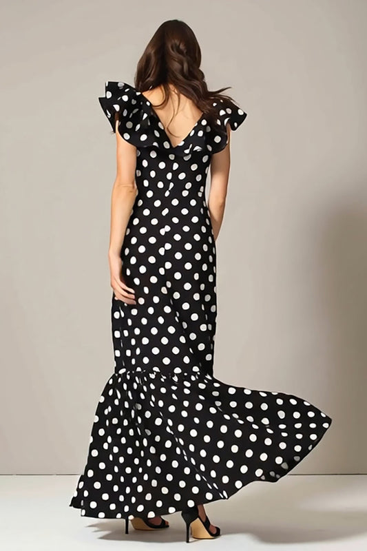 Robe longue de soirée noire et blanche à pois, coupe trapèze, col en V et volants