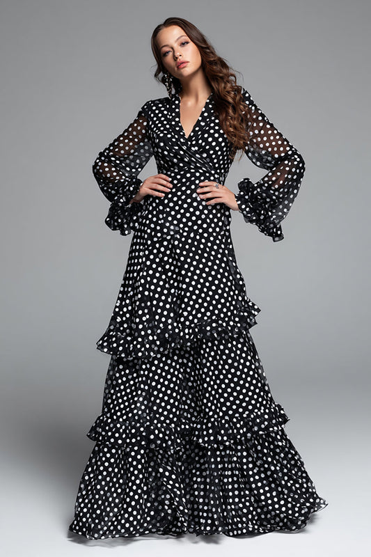 Robe longue de soirée à volants et manches avec pois noir et blanc
