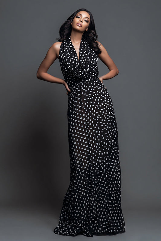 Robe de soirée longue noire et blanche à pois avec licou