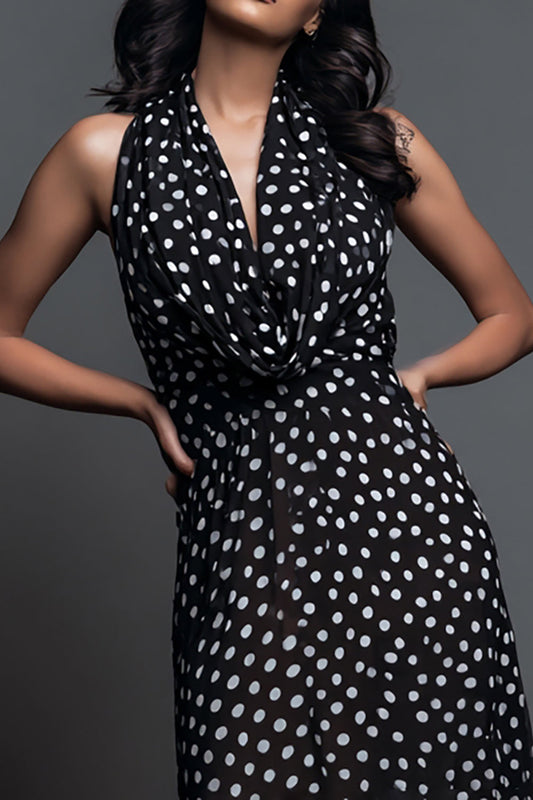 Robe de soirée longue noire et blanche à pois avec licou