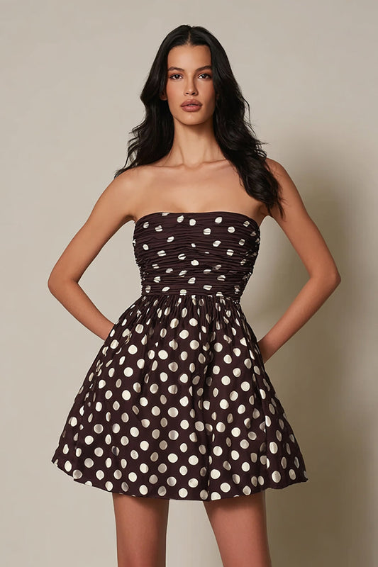 Robe courte en satin sans bretelles à pois, coupe trapèze, marron foncé