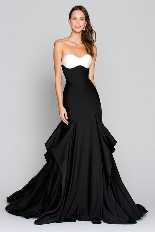 Robe de soirée longue satinée sirène noire et blanche avec volants