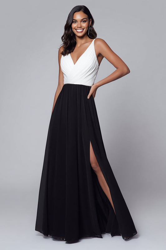 Robe longue de soirée évasée noire et blanche à col en V avec fente