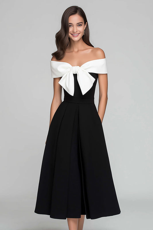Robe de soirée longue trapèze noire et blanche à épaules dénudées avec nœud