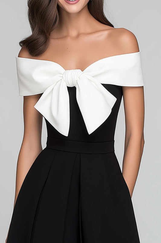 Robe de soirée longue trapèze noire et blanche à épaules dénudées avec nœud