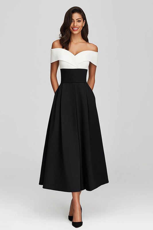 Robe de soirée longue noire et blanche en satin, épaules dénudées, avec poches