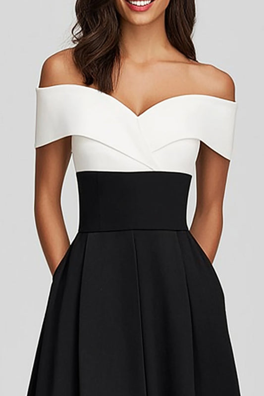 Robe de soirée longue noire et blanche en satin, épaules dénudées, avec poches
