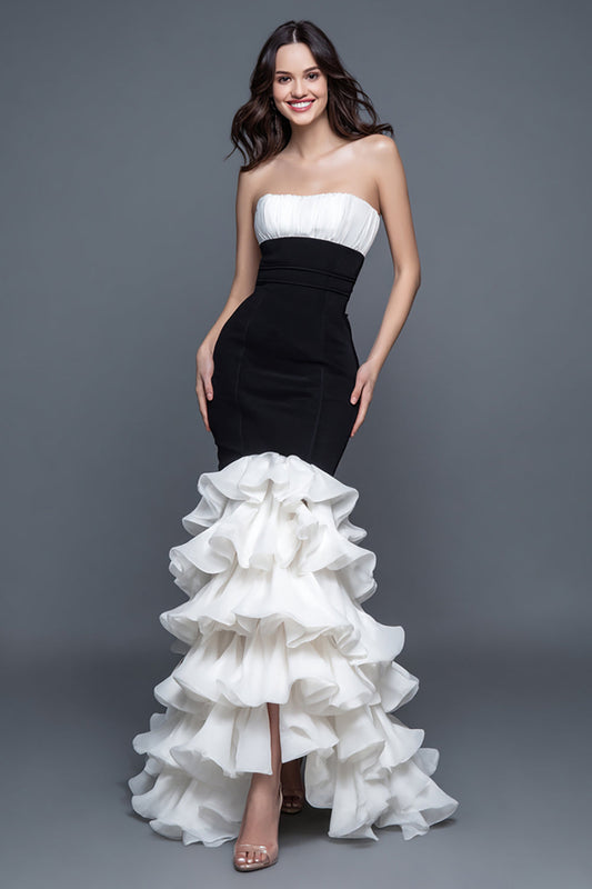 Robe de soirée longue sirène bustier noir et blanc à volants