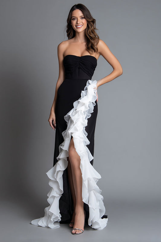 Robe longue de soirée bustier noire et blanche à volants, fendue
