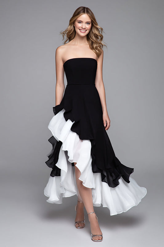Robe de soirée longue sans bretelles à volants et fente, coupe évasée, noir et blanc