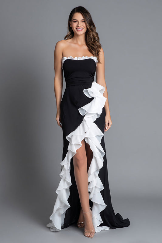 Robe de soirée longue trapèze bustier fendue noire et blanche