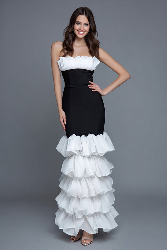 Robe de soirée longue sirène bustier noir et blanc à volants et étages