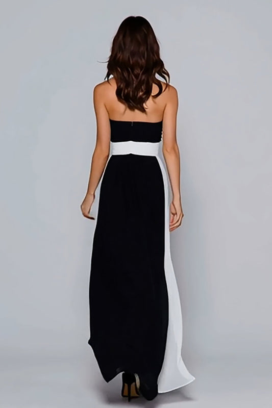 Robe de soirée longue sans bretelles trapèze noire et blanche
